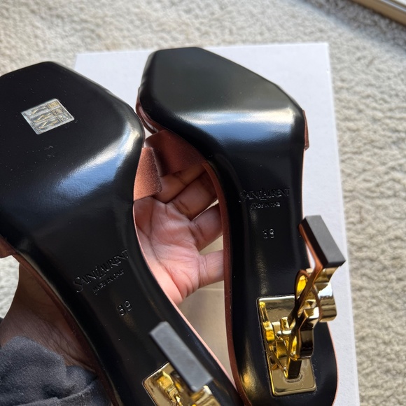 Saint Laurent Opyum YSL Logo-Heel Satin Slide Sandals - Picture 7 of 7